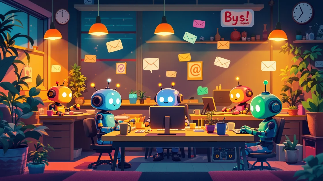 Several little robot agents each working at their own computer terminal, passing glowing green message envelopes between desks.