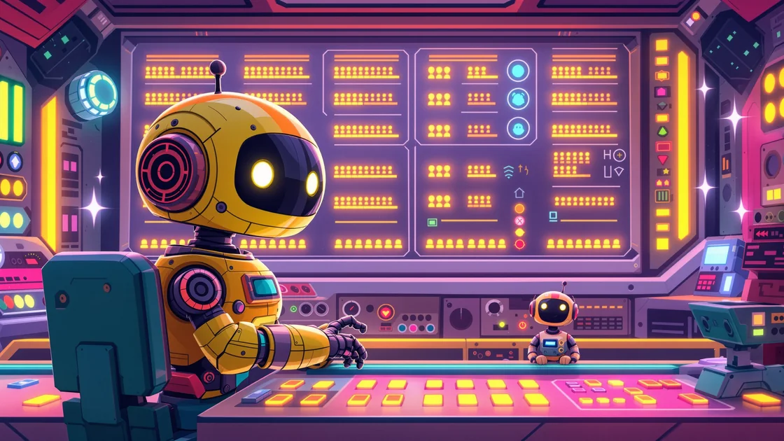 A robot dispatcher at a glowing green control desk with a roster board of little lights showing which agents are awake.