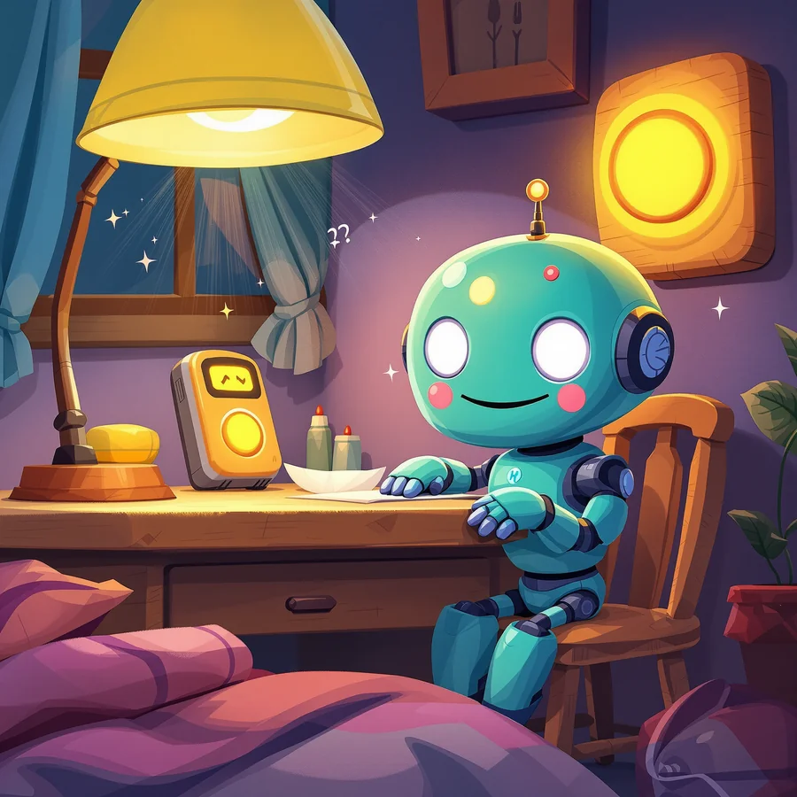 A little robot agent dozing at its desk as a glowing green doorbell button lights up and one eye pops open.