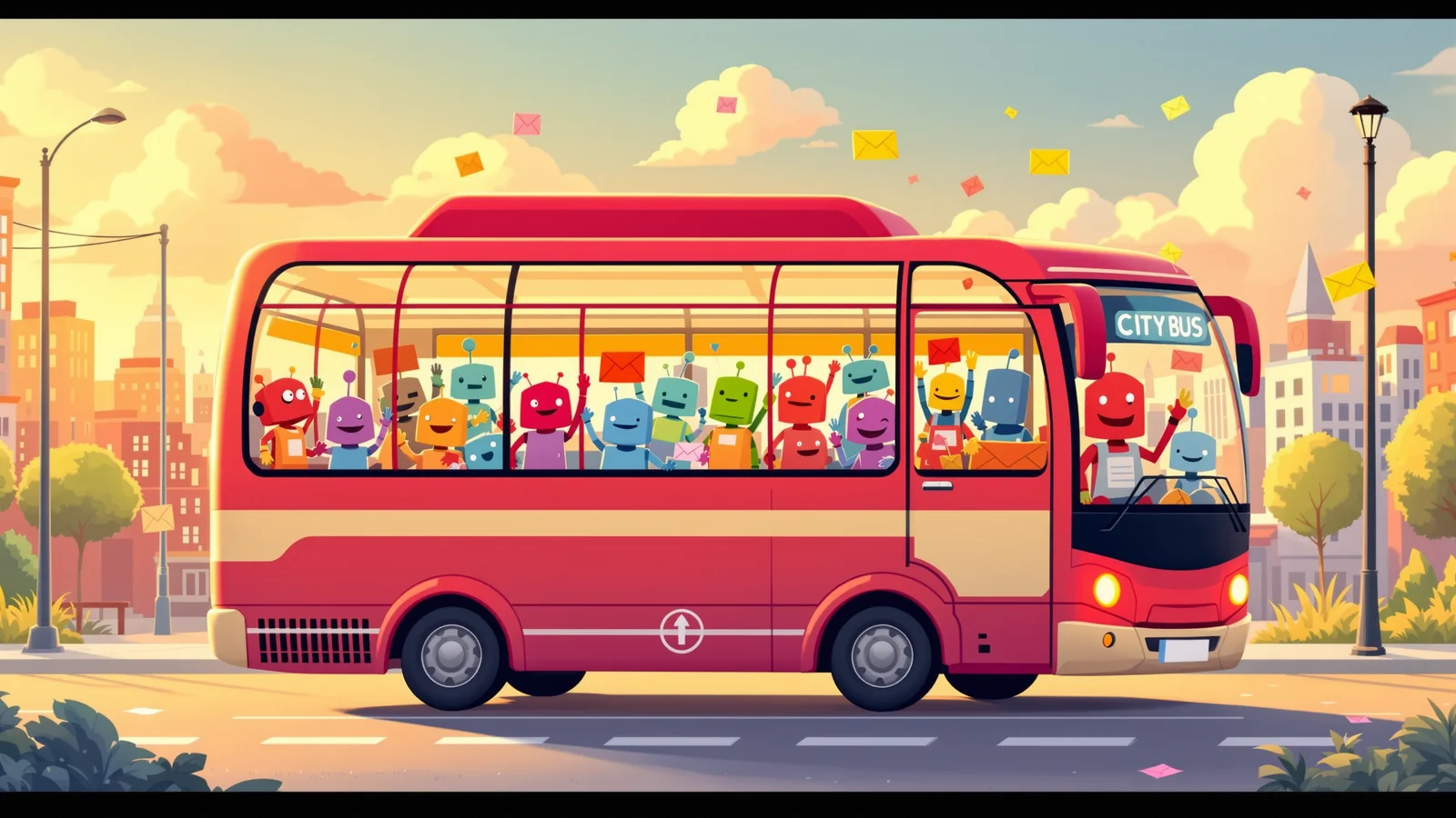 A cartoon city bus full of little robot coding agents in the windows, glowing green message envelopes passing between them.
