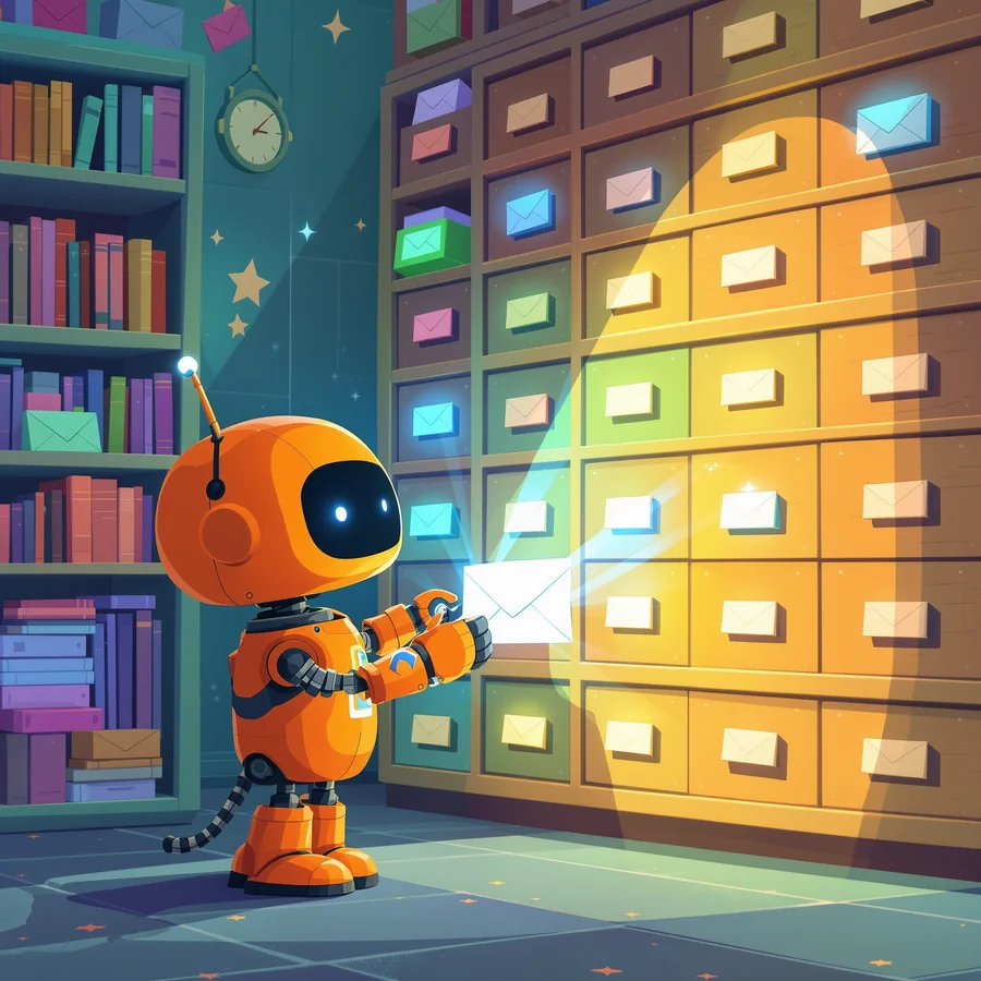 A little robot librarian filing glowing green message envelopes into the labeled drawers of a database cabinet.